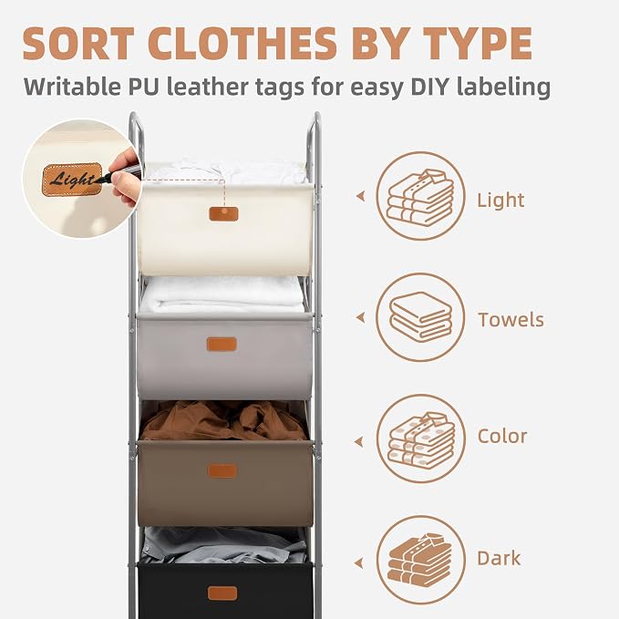 STORAGE MANIAC Vertical Rolling Laundry Hamper, 4 Section Laundry Sorter with Wheels and 2 Breaks, 4-tier Laundry Baskets for Small Space, Dorm, Laundry Room, Closet, Multicolored 4-tier