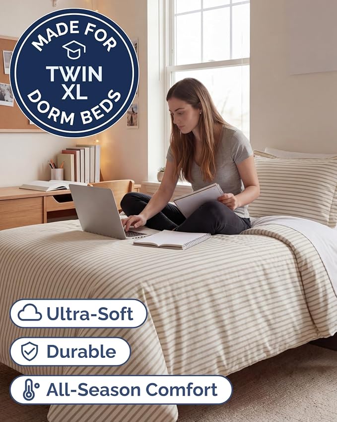 Duvet Cover Twin/Twin XL - 2 Piece with Zipper Closure - Beige Stripes | Extra Soft, Breathable, Twin/Twin XL Duvet Cover 68" x 90" w/ 1 Pillow Sham, Zipper Closures & Ties, Women, Men, Kids & Teens
