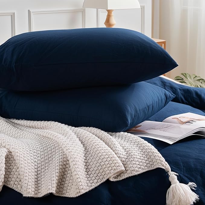 NEXHOME PRO King Duvet Cover Set, 100% Certified Organic Cotton with Washed Feel & Linen-Like Texture, Comfortable & Breathable, Home Bedding Set Navy (No Comforter)