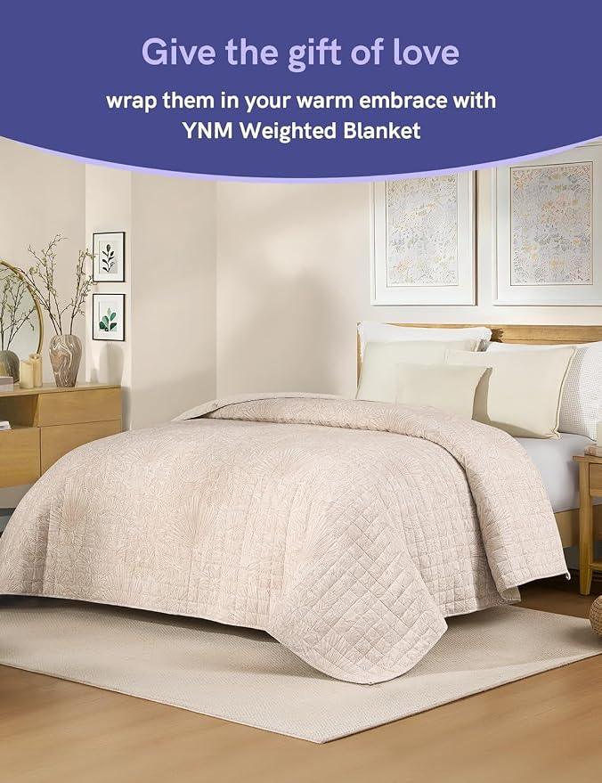 YnM 15lbs Weighted Blanket for Adults, Linen Heavy Bed Throw Blanket with Cooling Glass Beads for All Season Use, Ideal for ~140lbs (60x80 Inches, Queen, Palm Tree)