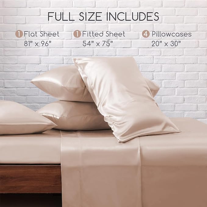 MR&HM Satin Bed Sheets, Full Size Sheets Set, 6 Pcs Silky Bedding Set with 15 Inches Deep Pocket for Mattress (Full, Champagne) | Similar to Silk, 6-Piece Silky Soft Bed Sheet Set, Gentle on Skin and Hair, 15" Deep Pocket, Cooling & Breathable