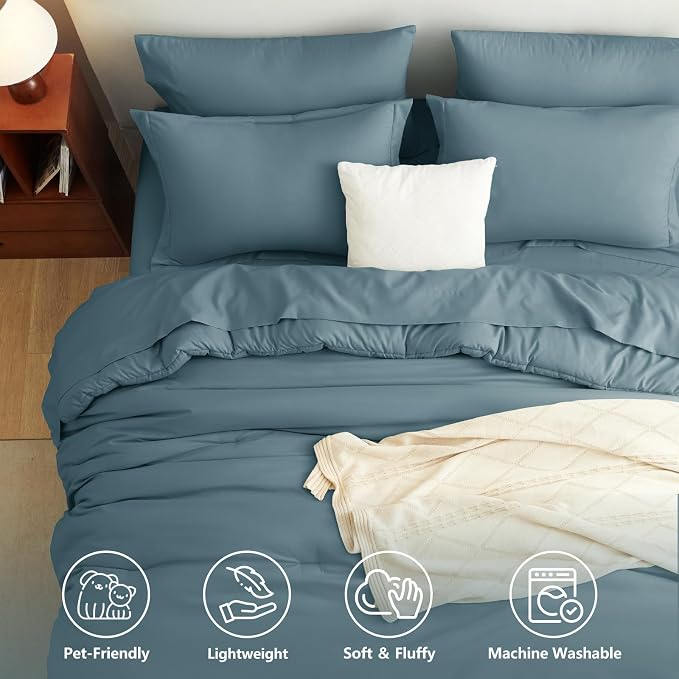 Queen Comforter Set Mineral Blue, 7 Pieces Bed in a Bag | OEKO-TEX Certified, All-Season, Bedroom, 240GSM Down Alternative Comforter, Flat & Fitted Sheets, 2 Pillowcases & 2 Shams