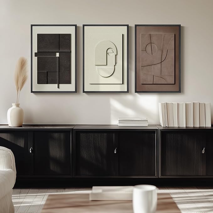 3D Textured Framed Abstract Wall Art Set, 3 Piece Modern Artwork, 16x24 In | Solid Wood Frames, Sandstone Textured Paintings, Black White Brown Sculptural Pictures Wall Decor Living Room Bedroom Office