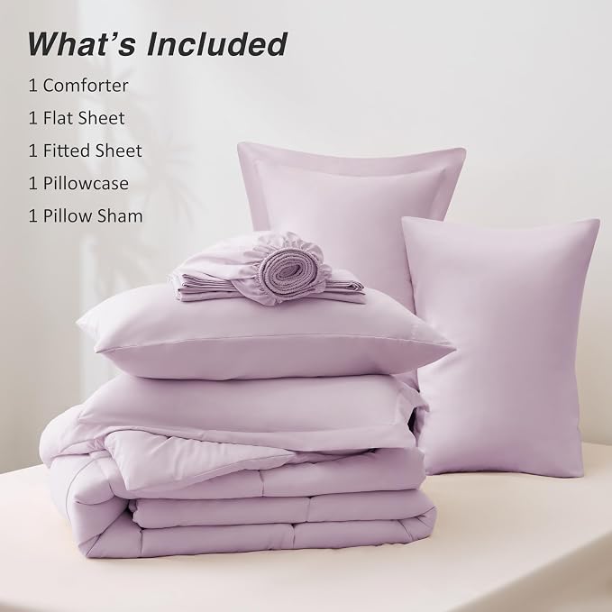 Love's cabin Twin XL Comforter Set Light Purple, 5 Pieces Twin XL Bed in a Bag, All Season Bedding Sets with 1 Comforter, 1 Flat Sheet, 1 Fitted Sheet, 1 Pillowcase and 1 Pillow Sham