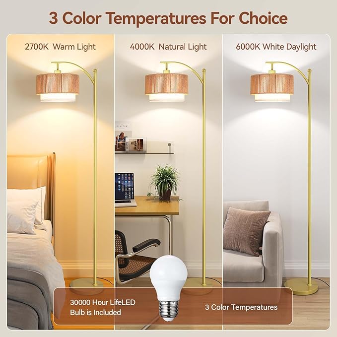 SUNMORY Arc Floor Lamps for Living Room, Rattan Standing lamp with 12W Bulb | Arched LED Lamp with 3 Color Temperatures, Farmhouse Floor Lamps with Adjustable Shades, Boho Floor Lamp for Bedroom, Corner