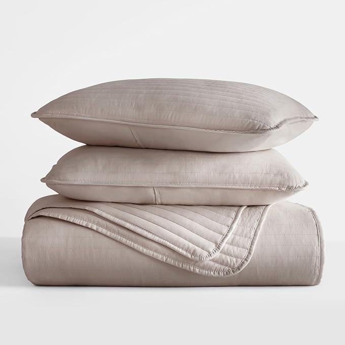 Merit Linens Modern Quilt Coverlet Soft Set in Stripe Stitching - King/Cal-King Latte
