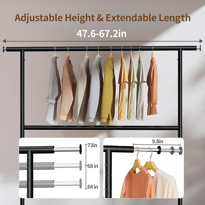 Luxspire Heavy Duty Clothes Rack with Lockable Wheels Load 600 LBS, Black | Double hanging rods, heavy-duty iron mesh frame, adjustable extendable rods, ideal for laundry room & bedroom garment storage