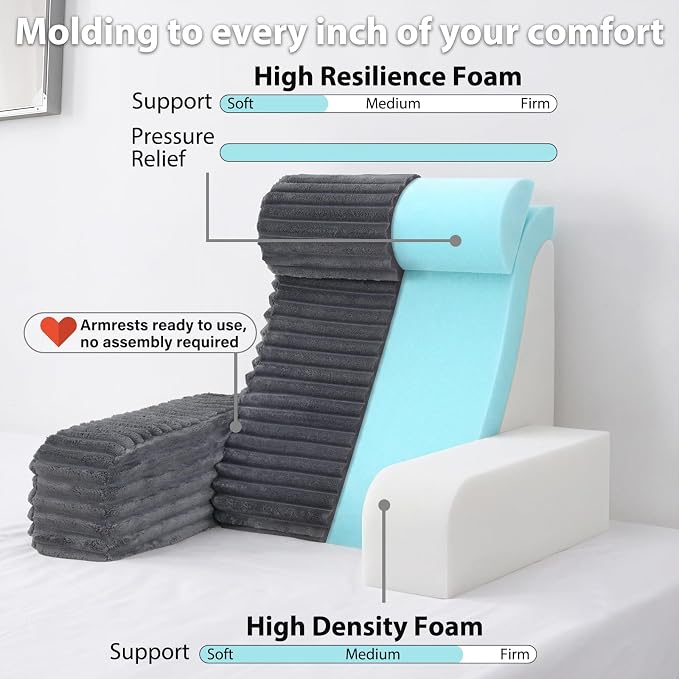ENITYA 19" Large Back Pillow for Bed Sitting Up with Armrests & Big Pockets | Reading Pillow for Bed, Soft Back Support Chair, Ideal for Watching TV, Gaming, Nursing, Resting, Post Surgery, Dark Grey