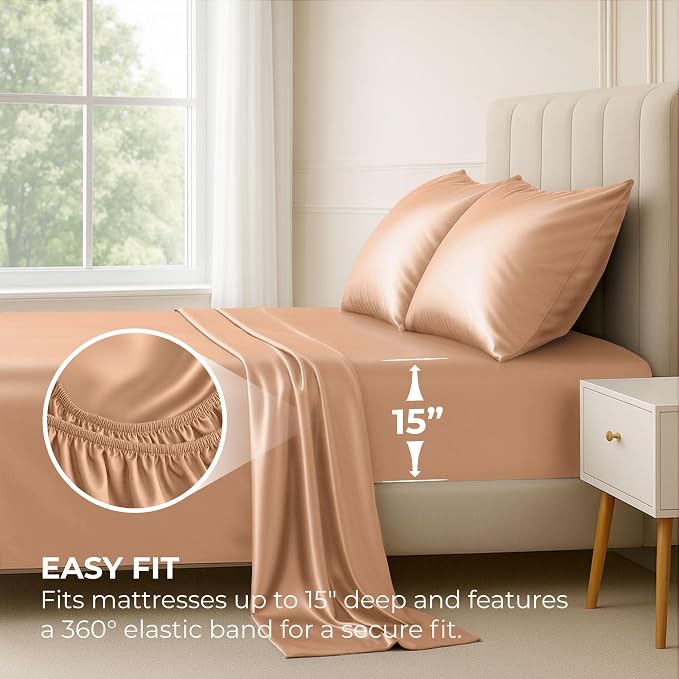 Satin Sheets King [4-Piece, Rose Gold] Hotel Luxury Silky Bed Sheets - Extra Soft 1800 Microfiber Sheet Set, Wrinkle, Fade, Stain Resistant - Deep Pocket Fitted Sheet, Flat Sheet, Pillow Cases