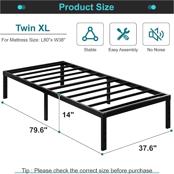 Maenizi Twin XL Bed Frames No Box Spring Needed, 14 Inch Heavy Duty Metal Twin XL Platform Bed Frame Support Up to 2500 lbs, Easy Assembly, Noise Free, Black | Twin xl Platform Bed Frame No Box Spring Needed, Easy Assembly, Noise Free, Black