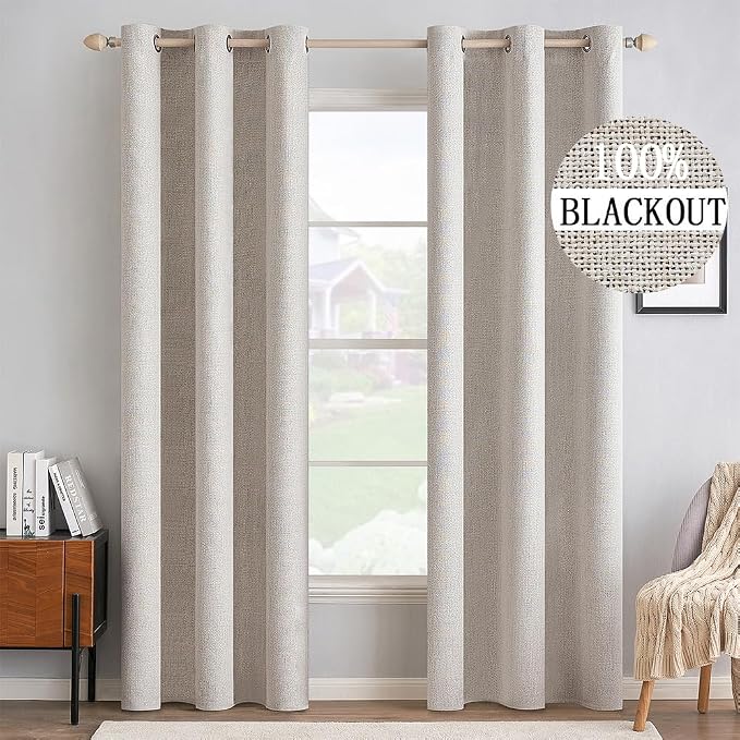 MIULEE 100% Blackout Linen Curtains for Bedroom 42x84 Inches Ivory | Room Darkening, Light Blocking, Thermal Insulated, Grommet Top, Linen Textured, Window Curtains for Living Room, 2 Panels