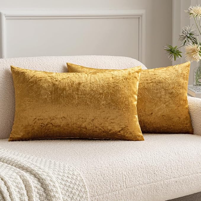 MIULEE 12x20 Inch Lumbar Velvet Throw Pillow Covers Dark Gold | Pack of 2 Soft Solid Decorative Pillow Covers, Modern Luxury Home Decor, for Chair Couch Sofa Bedroom Livingroom