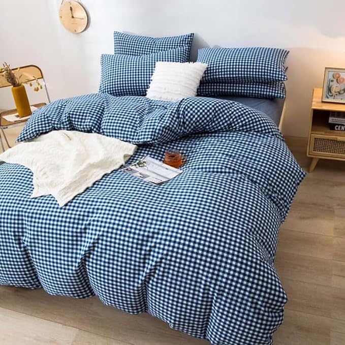 LifeTB Gingham Comforter Set Full 3 Pieces Royal Blue Grid Plaid Comforter Set Soft Fluffy Checkered Pattern Comforter with 2 Pillowcases Farmhouse Gingham Bedding Comforter Full Size for All Season