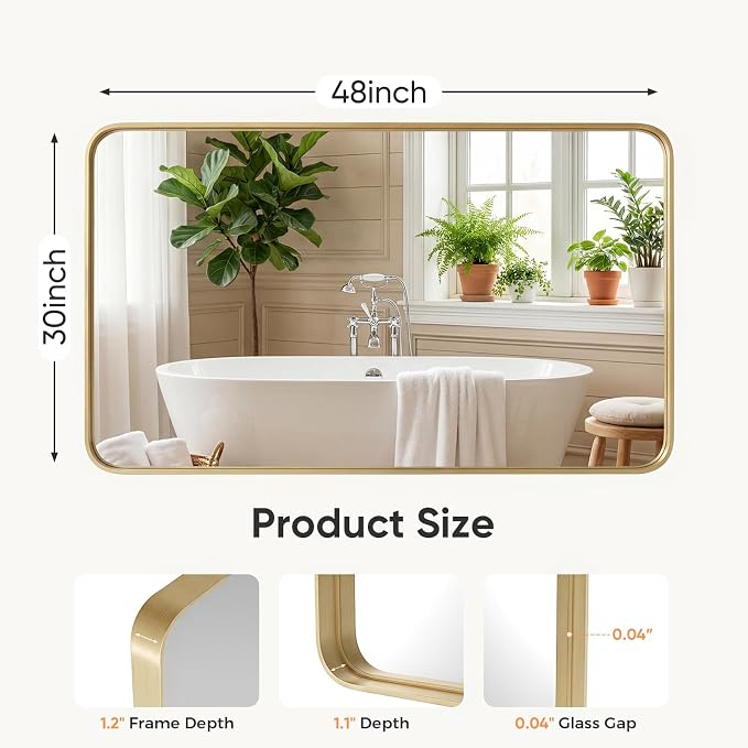Sweetcrispy Bathroom Wall Mirror, 48x30 Inch Wall Mount Mirror for Over Sink, Modern Rounded Rectangle Vanity Mirrors with Matte Metal Framed, for Home Decor, Living Room, Bedroom, Gold