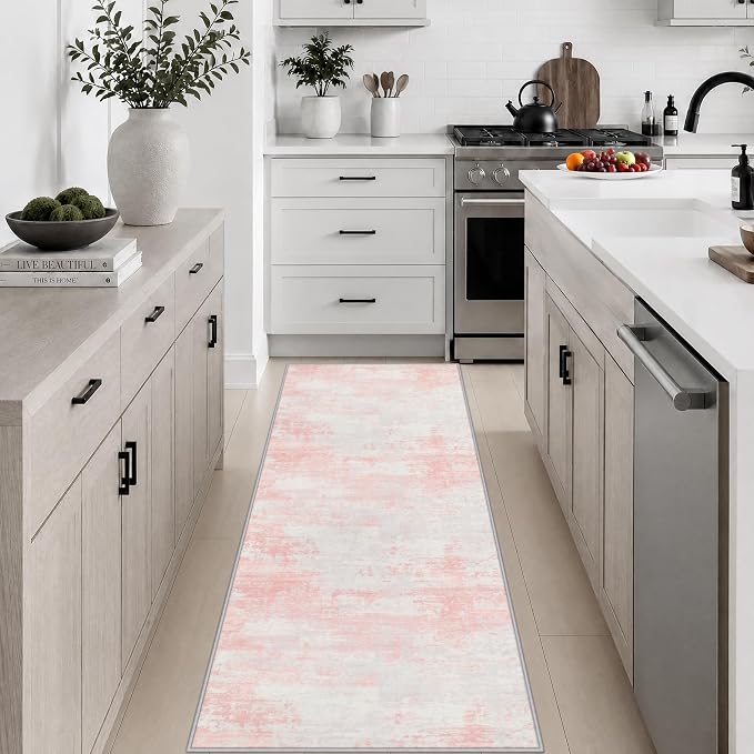 2x6 Washable Runner Rug：Modern Abstract Soft Carpet Pink White | For Hallway, Bedroom, Kitchen, Laundry, Bathroom,Door Mat,Modern Abstract,Machine washable,Non-Slip,Stain Resistant,Indoor