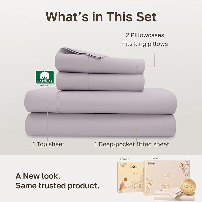 California Design Den Soft 100% Cotton Sateen King Sized Sheets Set, 4 Pc | 400 Thread Count Backed by Good Housekeeping Seal, 16" Deep Pocket, All-Around Elastic, Easy Care - Dusky Lavender Grey