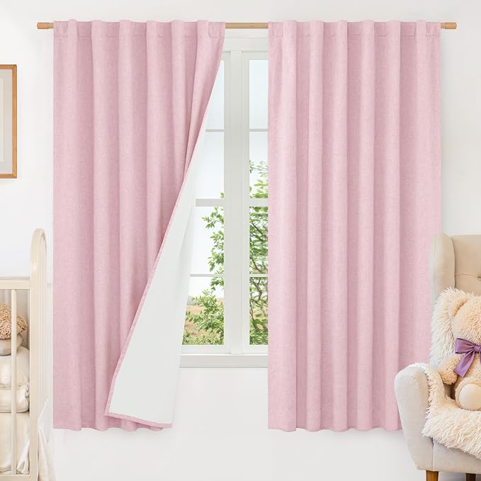 100% Blackout Pink Linen Curtains 63 Inches for Bedroom 2 Panels | Thermal Insulated, Curtains for Girls' Room, Privacy Neutral Panels, Rod Pocket Back Tab, with White Liner, 52 x 63 Inch