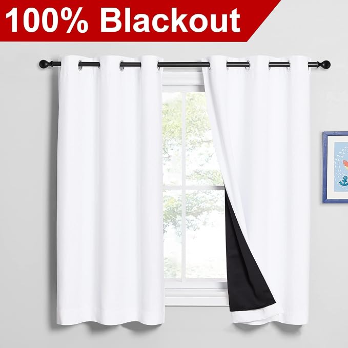 NICETOWN White Blackout Curtains for Small Window 42" w x 54" L 2 Panels | 2-Deck Completely Room Darkening Window Treatment Thermal Insulated Lined Drapes, Light Blocking Noise Reducing Home Decor