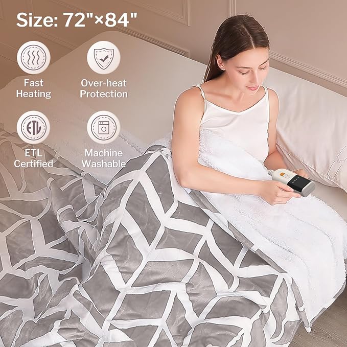 VENTIMI Heated Blanket Full, 9 Heat Levels & 2-10 Hours Auto Off, Beige | ETL & FCC, Fast Warming, 72" x 84", Flannel and Sherpa, Couch Bed Use, Machine Washable, Removable Controller