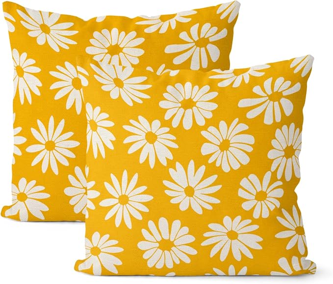 Mustard Yellow Pillow Covers 20x20 Inch 2 Pcs Daisy Floral Summer Outdoor Decor Throw Pillows Spring Flower Farmhouse Holiday Decoration Pillowcase Linen Cushion Cover for Couch Sofa Bed
