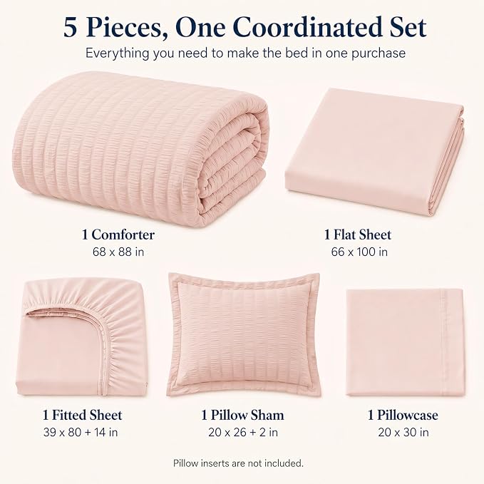 Twin XL Comforter Set, 5 Pieces Blush Pink Seersucker Bed in a Bag | OEKO-TEX Certified, College Dorm Twin Extra Long, 240 GSM Down Alternative Comforter, Flat & Fitted Sheets, Pillowcase & Sham