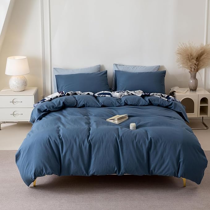 BDEAR 3Pcs Gray Blue Duvet Cover Set Queen Size 90" L x 90" W, Oeko TEX | 100% Washed Cotton, 1 Duvet Cover with 2 Pillowcases, Zipper Closure, 8 Corner Ties,Linen-Liked Texture, Skin Friendly