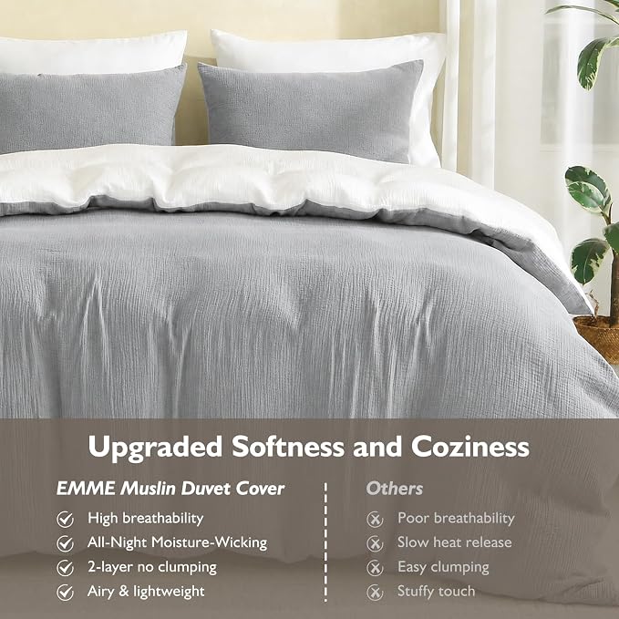 EMME Cotton Muslin Duvet Cover Set King Size Linen Like Soft Breathable Lightweight Summer Comforter Cover Set with Zipper Closure (Light Grey&White, King, 104"x90")