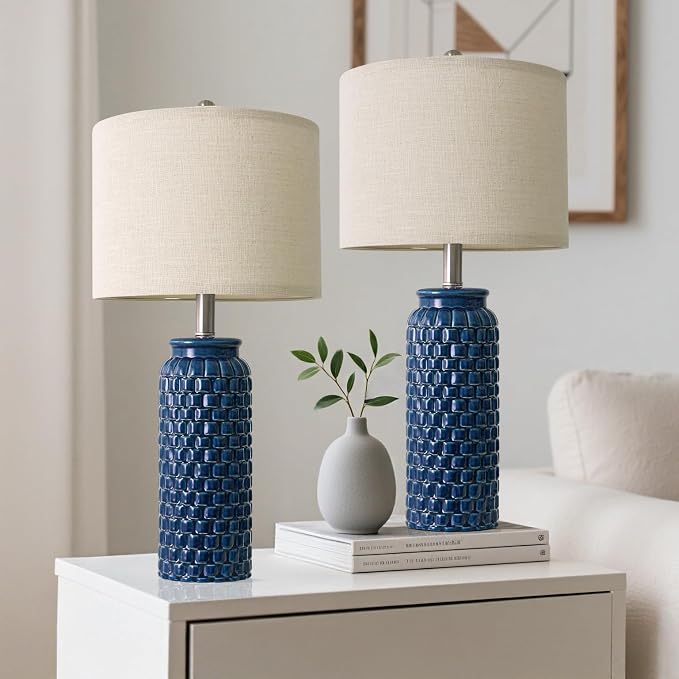 USumkky 24 inches Modern Ceramic Dark Blue Bedside Lamp Set of 2 for Bedroom Decor Farmhouse Table Lamp for Living Room Office Dorm