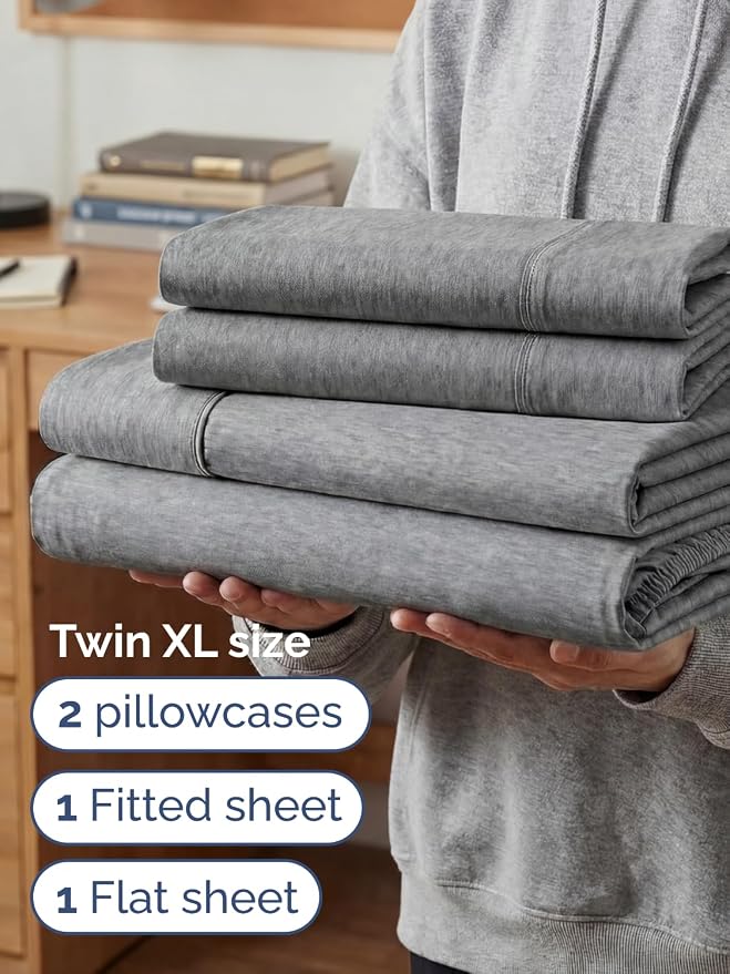 Extra Deep Twin XL Sheet Set - 4 Piece College Dorm Room - Heathered Grey | College Dorm Room Essentials, Easy & Secure Fit, Ultra-Soft, Wrinkle & Fade Free, Comfy Sheets Set with Extra Deep Pockets