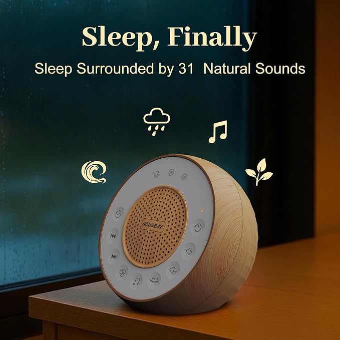 HOUSBAY Sound Machine White Noise for Sleep with Wood Grain | 31 Soothing Sounds, 5W Loud Stereo Sound, Auto-Off Timer, Adjustable Volume, Small Sleep Machine for Noise Canceling