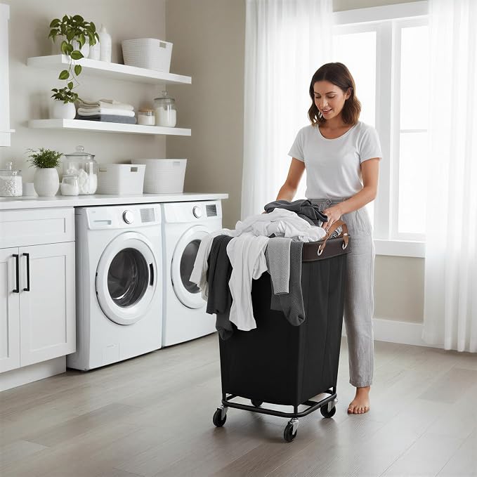 StorageWorks 160L Laundry Basket with Wheels, Rolling Hampers for Clothing | Black Laundry Basket with Wheels, Metal Frame & Handles, Rolling Hamper for Bedroom, Bathroom, Dorm, Hotel
