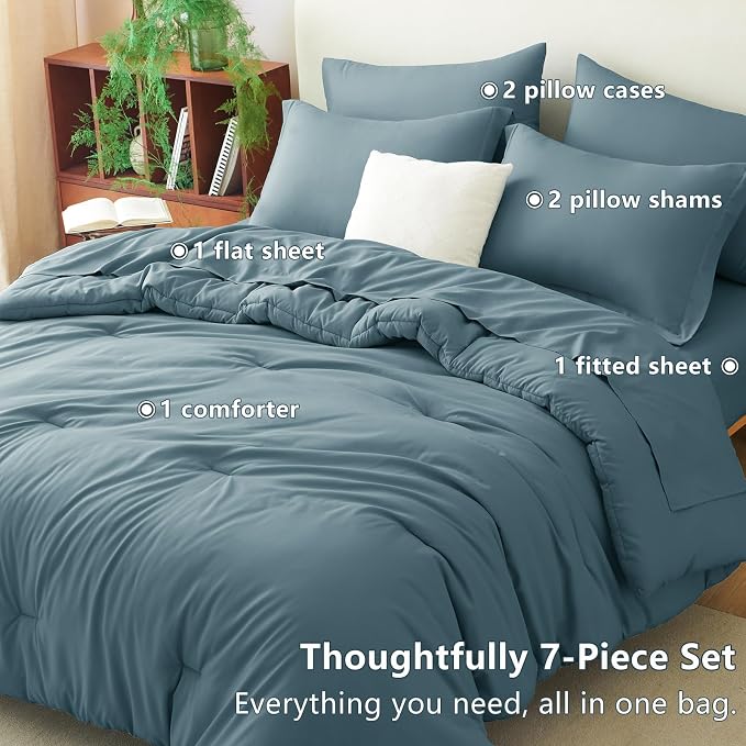 King Size Comforter Set Mineral Blue, 7 Pieces Bed in a Bag | OEKO-TEX Certified, All-Season, Bedroom, 240GSM Down Alternative Comforter, Flat & Fitted Sheets, 2 Pillowcases & 2 Shams