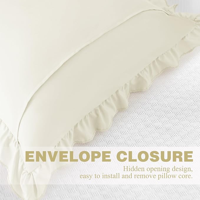 KKJIAF 2 Pack Ruffle Pillow Cases 18x18 Inches, Beige | Square Ruffled Pillow Covers, Microfiber Wrinkle Resistant Pillow Shams with Envelope Closure for Sofa Bed Living Room