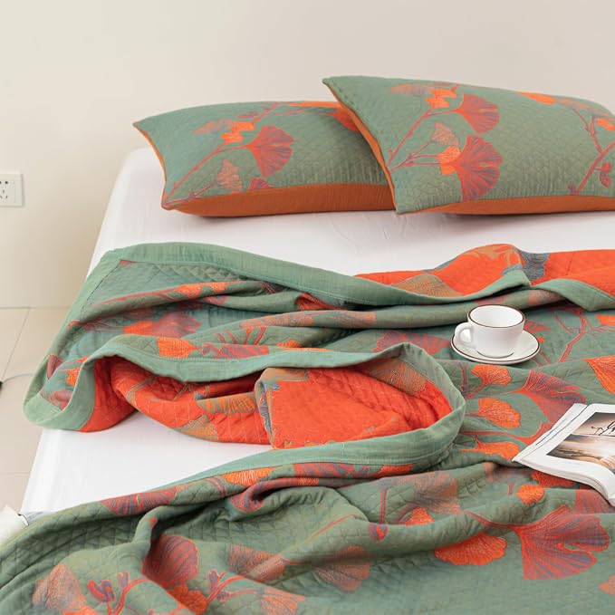 100% Cotton Muslin Blanket Jacquard Green Orange Floral Ginkgo Leaves Quilt, Soft Bed Cover Lightweight Breathable Gauzy Reversible Bedspread Coverlet Full/Queen(78"x94"), No Pillow Sham