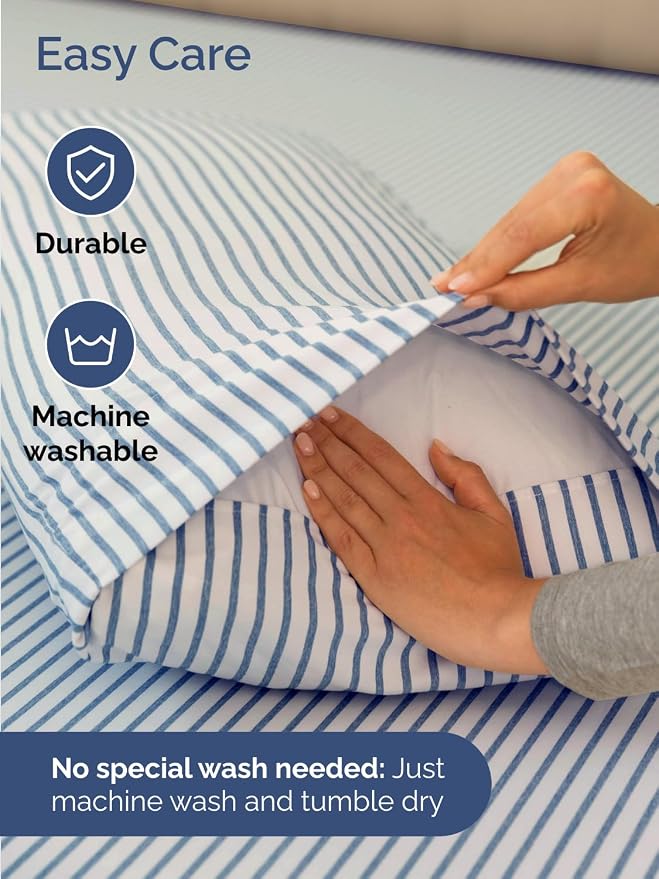 Extra Deep Split King Sheet Set - 5 Piece Breathable Cooling - Blue Stripes | Easily Fits 18 to 24 inch Mattress - Ultra Soft, Wrinkle & Fade Free with Extra Deep Pockets - Comfy Hotel Luxury Bedding