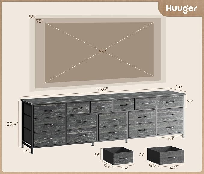 Huuger 77.6" Long Dresser for Bedroom, 16 Drawer Fabric Dresser for Closet, Wide Chest of Drawers with Storage, TV Stand for 65, 75, 85 Inch TV, 77.6" W x 13" D x 26.4" H, Charcoal Black