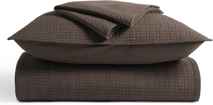 EverGrace 100% Cotton Modern Grid Stitch Quilt Set, Queen Size, Dark Brown | Pre-Washed Cotton Coverlet Bedspread, Oversized Lightweight 3-Piece Bedding Set for All Season, with 2 Pillow Shams