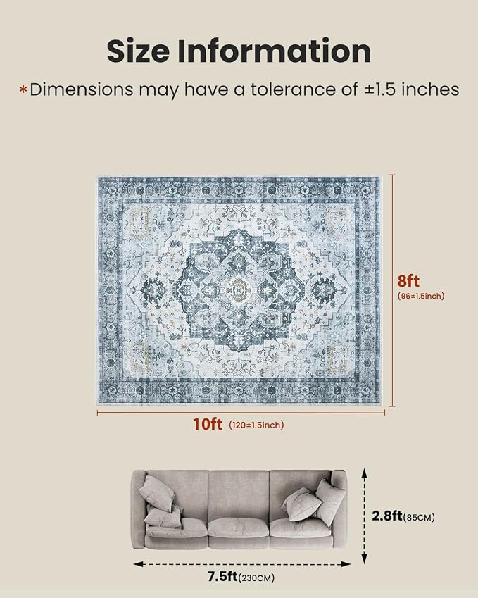 AMADA HOMEFURNISHING 8x10 Area Rug, Washable Low-Profile Large Area Rug with Non-Slip Backing & Durable Edge Binding, Vintage Large Rugs for Living Room, Bedroom