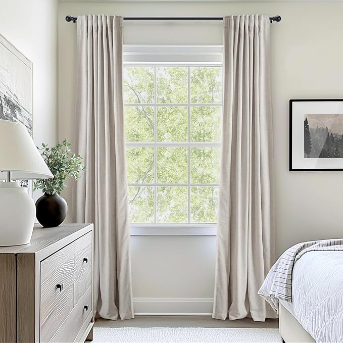 INOVADAY 100% Blackout Curtains for Bedroom Black Out Curtains 63 Inch Long | Beige Curtains for Living Room 2 Panels, Clip Rings Linen Look Blackout Drapes, Thermal Insulated Room Darkening,W50xL63