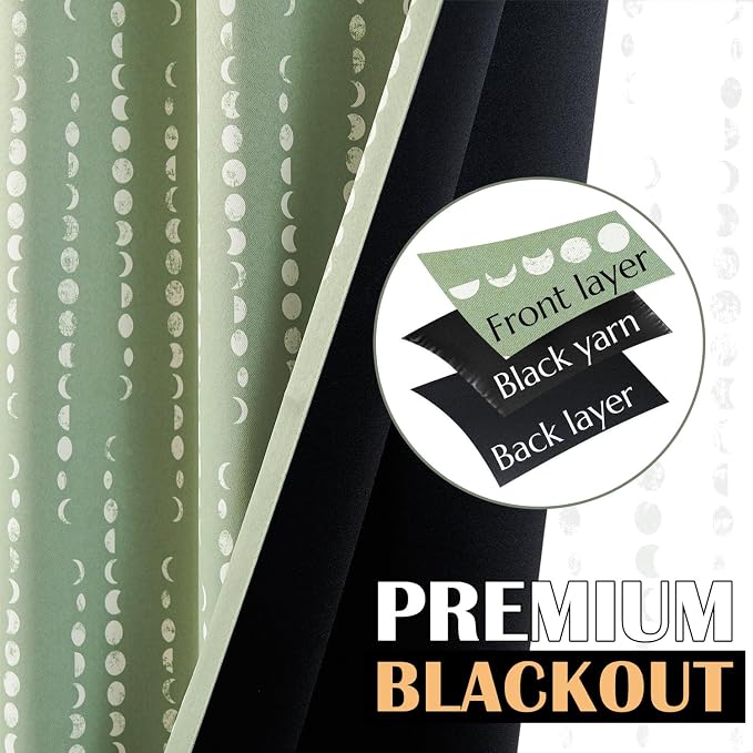 jinchan Boho Blackout Curtains 63 Inch Length Moon Phase Printed Drapes | Sage Green Farmhouse Curtain for Bedroom Living Room Back Tab Drapes Room Darkening Window Treatment 2 Panels
