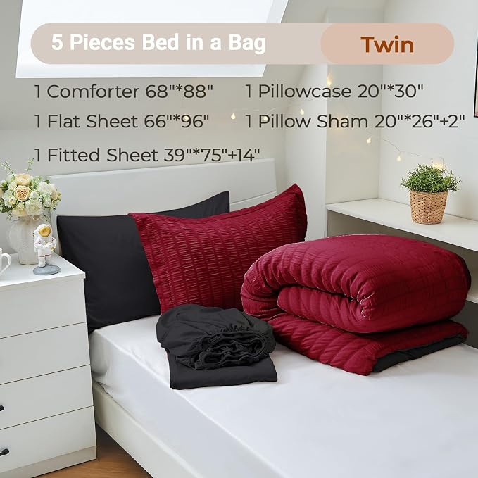 5 Pieces Twin Comforter Set, Seersucker Bed in a Bag Twin Size, All Season Luxury Bedding Set with Comforter, Flat Sheet, Fitted Sheet, Pillowcase & Sham, Red & Black