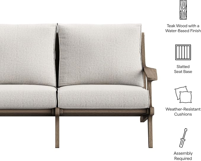 Modway Saratoga Teak Outdoor Patio Loveseat in Weathered Gray Pebble – 2 Seater Outdoor Couch with Weather-Resistant Cushions – Wooden Porch Loveseat