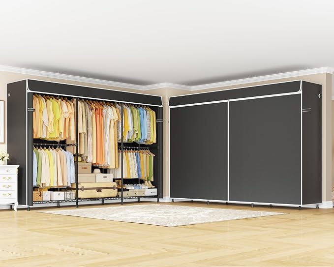 ULIFHOME E14C Max Heavy Duty Closet Organizer System，Freestanding Clothing Racks for Hanging Clothes，Adjustable Garment Rack 86" W × 16" D × 77" H Hold 1060 lbs，Black Rack with Black Cover