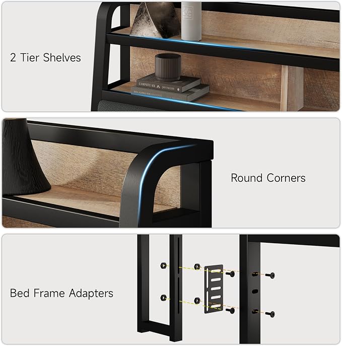 Queen Headboard Only with Storage, Charging Station, Black&Brown | Upholstered Headboards for Queen Size Bed with LED Light, Height Adjustable, Sturdy and Stable Headboard