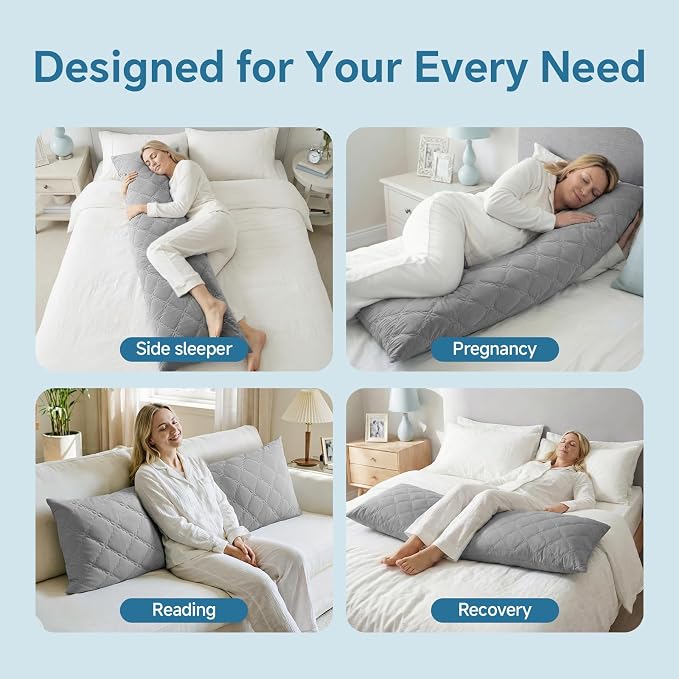 BEDELITE Cooling Body Pillow, Memory Foam Filled, Light Grey, 20x54 Inches | Soft & Cool-Touch Quilted Nylon-Spandex Cover, Adjustable Fill, Perfect for Side Sleepers, Hot Sleepers, Pregnancy, Back Pain