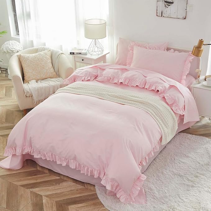 Brandream Kid's Duvet Cover Full/Queen Size,100% Organic Cotton 3Piece Girl Bedding Duvet Cover Set, Ruffled Fringe Solid Color Soft Breathable with Zipper Closure & Corner Ties(Pink)