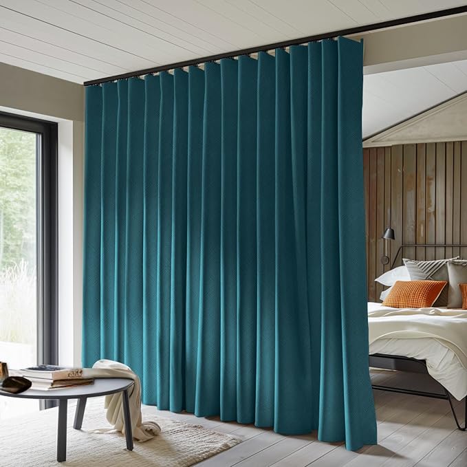 MaKefeile Room Divider Curtains Total Blackout Privacy Curtain Panel Room Thermal Insulated Noise Reduction Curtains for Bedroom Window Living Room Ceiling Track Curtain W 12.5 ft × H 8ft Azure Blue