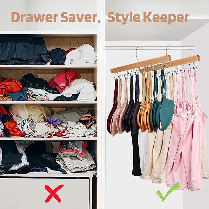 NECAMOCU 2 Pack Bra Hanger for Closet Organizer, Premium Tank Top Hangers | Wooden Bra Holder with 36 Foldable Hooks, 360° Rotating Design, Space Saving Storage for Tank Tops, Bras, Belts, and More