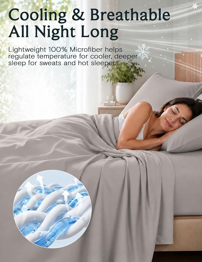 LuxClub 4 PC Queen Sheet Set, Deep Pockets Wrinkle Free Cooling Bed Sheets Hotel Bedding for Women, Men, Includes 1 Fitted Sheet, 1 Flat Sheet and 2 Pillowcases-Soft Light Taupe | LuxClub Silky Fitted Sheet & Pillowcase Sets, Breathable Hotel Luxury Be...