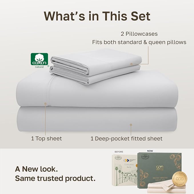 California Design Den 600 Thread Count Full Size Bed Sheet Set | 100% Cotton Sateen Backed by Good Housekeeping Seal, Soft & Smooth, 16" Deep Pocket, Durable, Easy Care - Light Silver